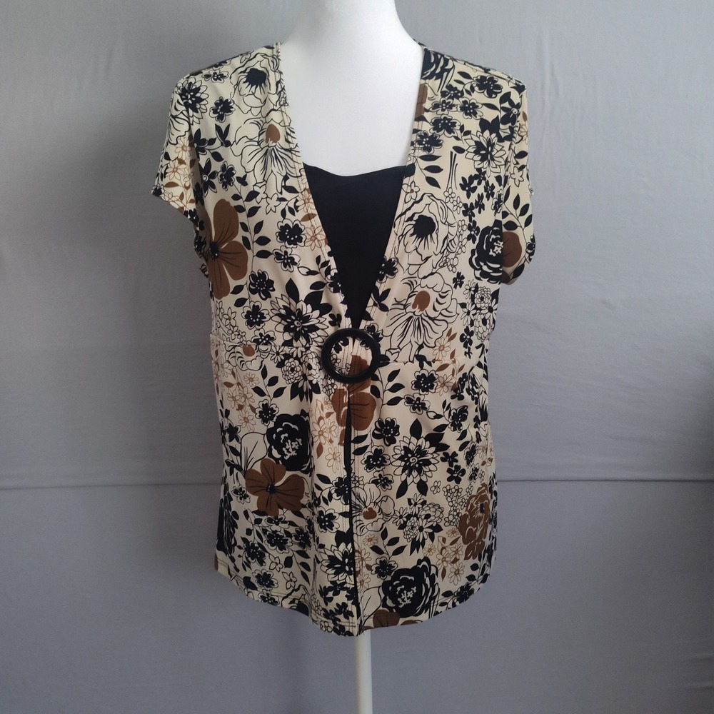 Claudia Richard Womens Floral V-Neck Faux Layered Top Black Brown Cream Large
